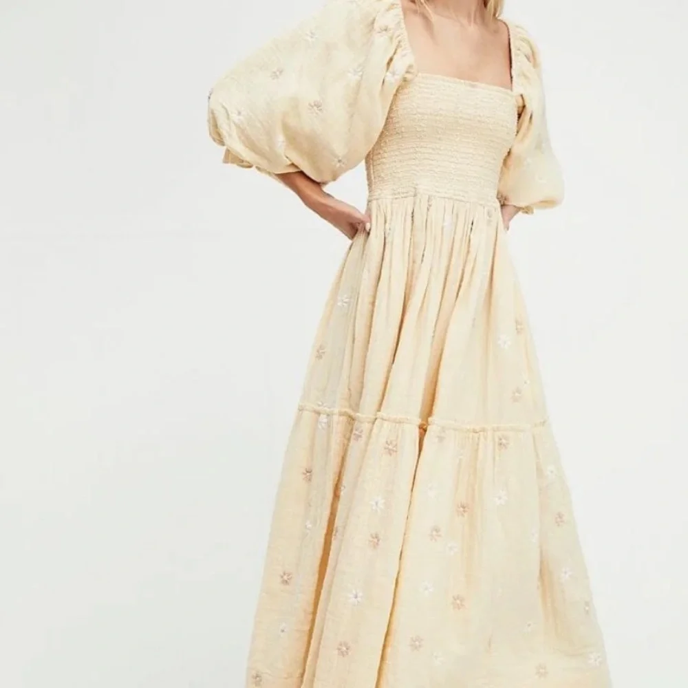 Free People Pale Yellow Floral Embroidered Maxi Dress